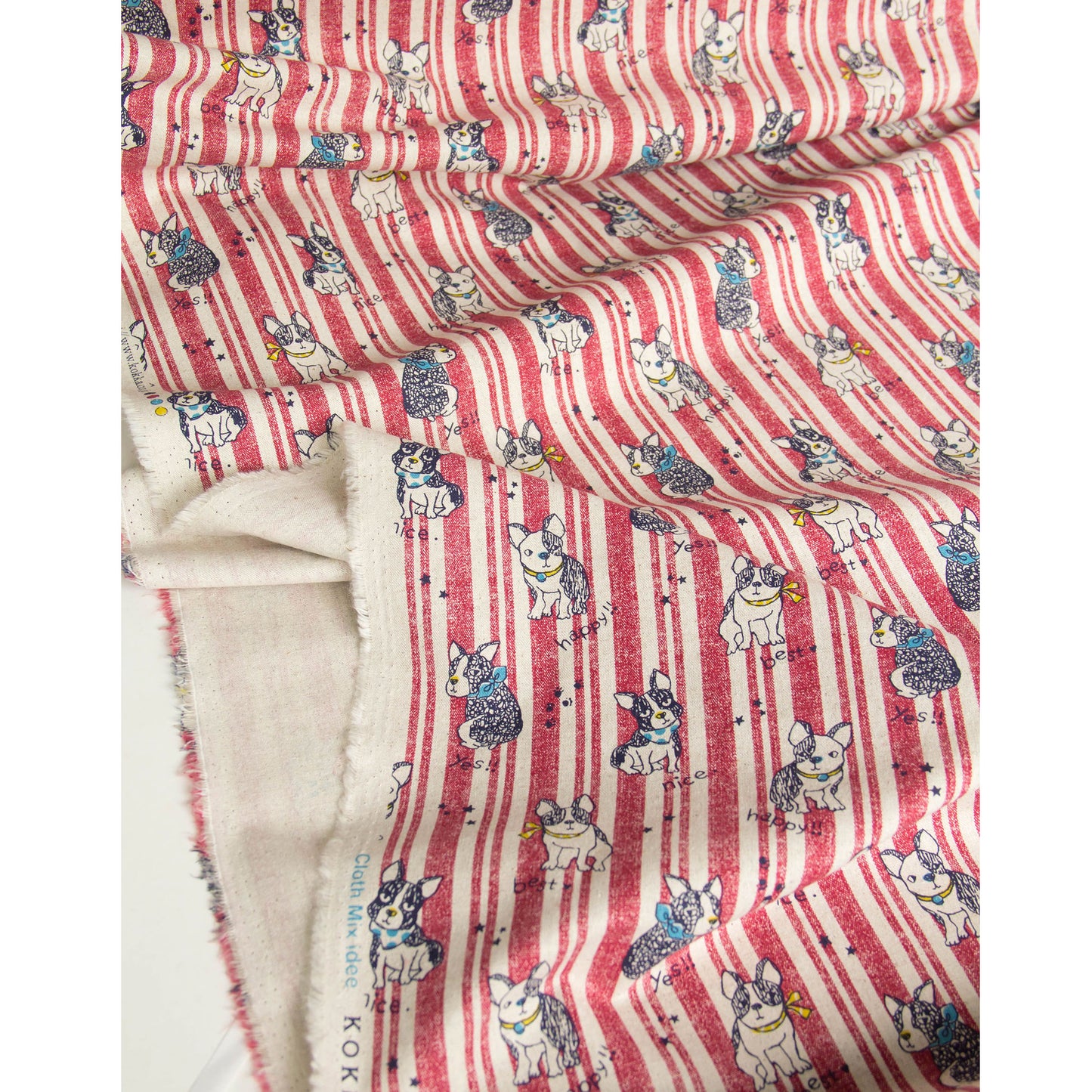 Cotton Linen Blend Canvas Fabric Stripe French Bulldog Red by the Yard