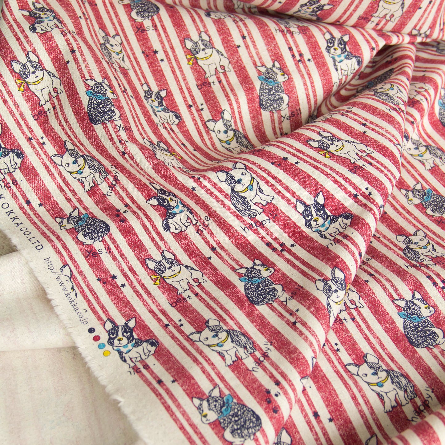 Cotton Linen Blend Canvas Fabric Stripe French Bulldog Red by the Yard