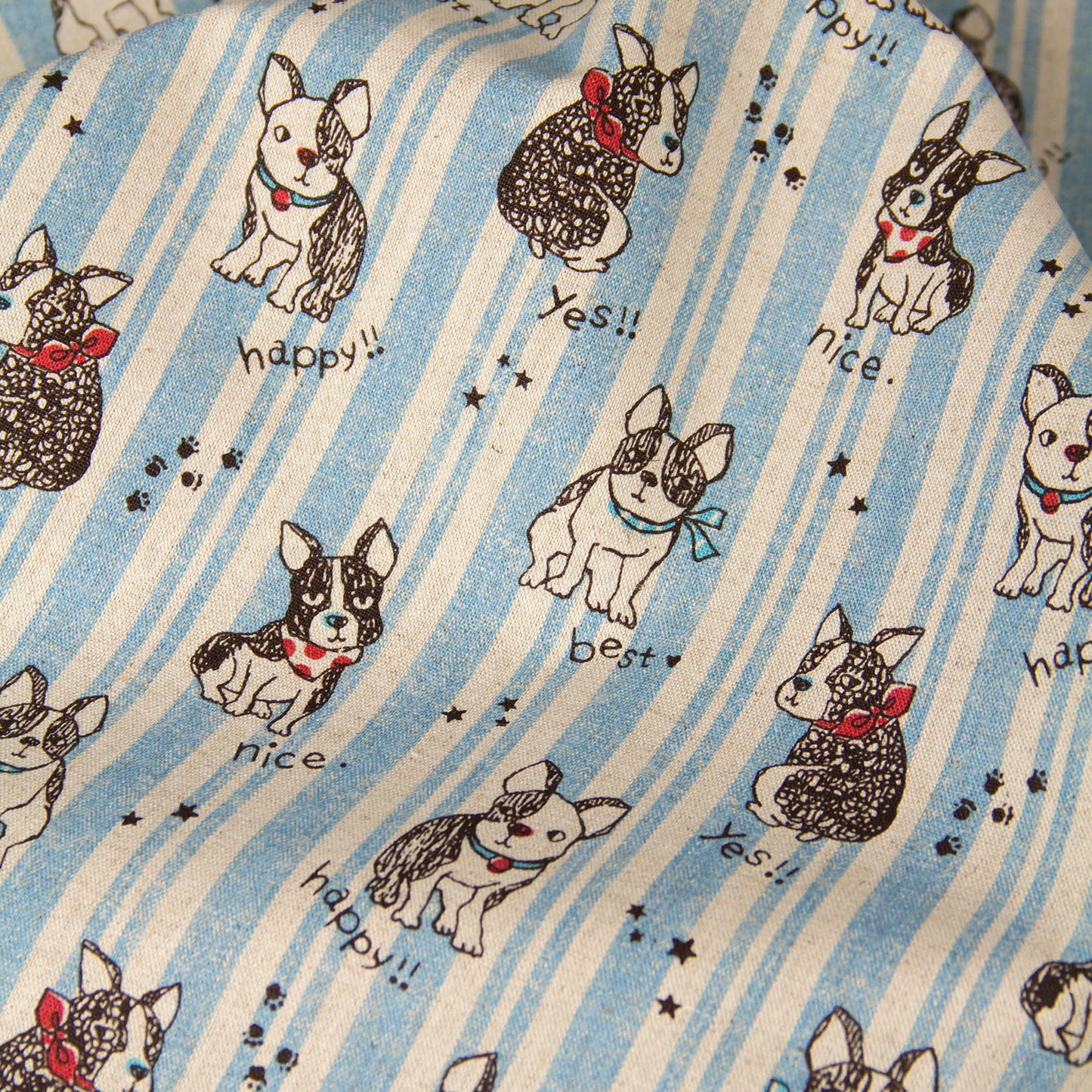Cotton Linen Blend Canvas Fabric Stripe French Bulldog Blue by the Yard