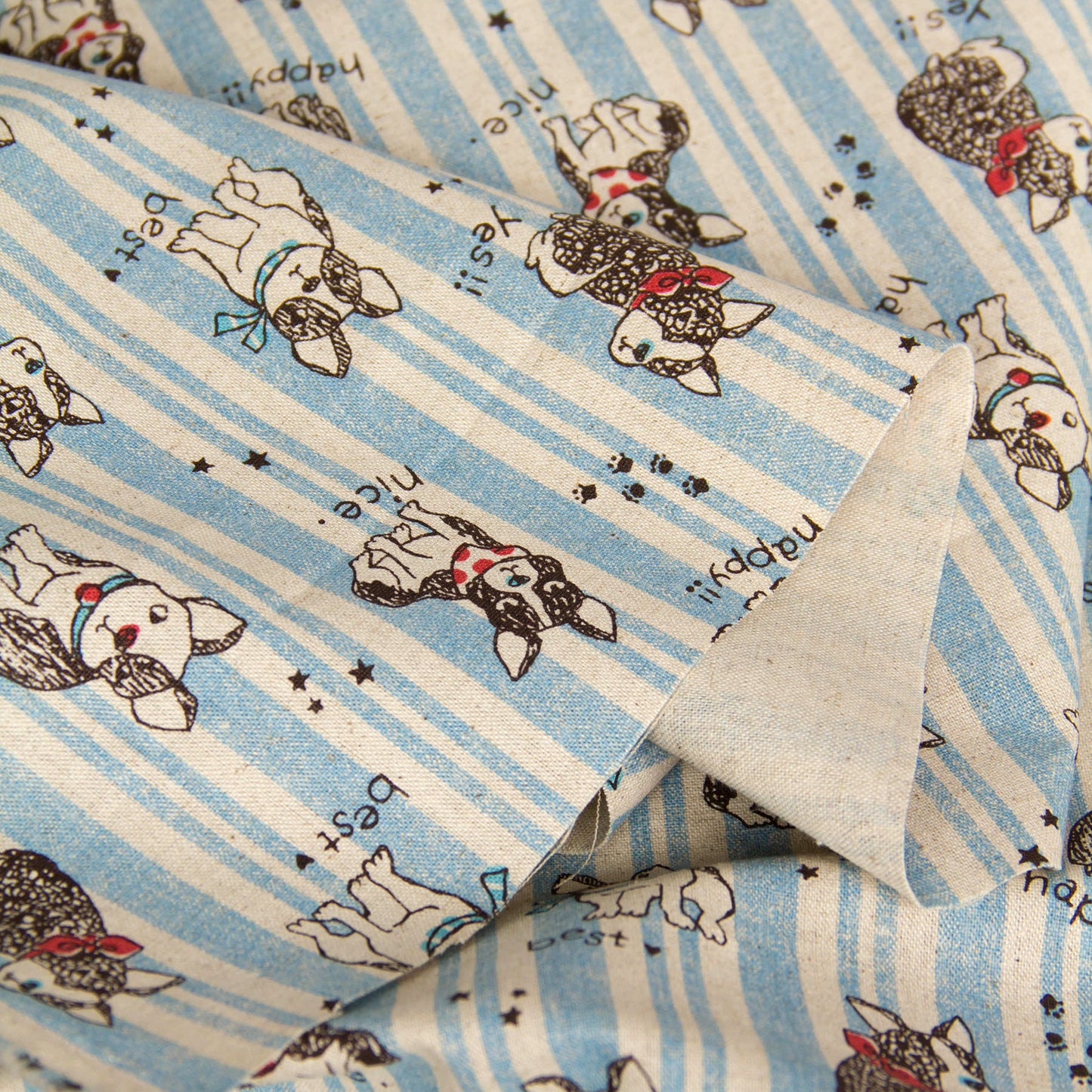 Cotton Linen Blend Canvas Fabric Stripe French Bulldog Blue by the Yard