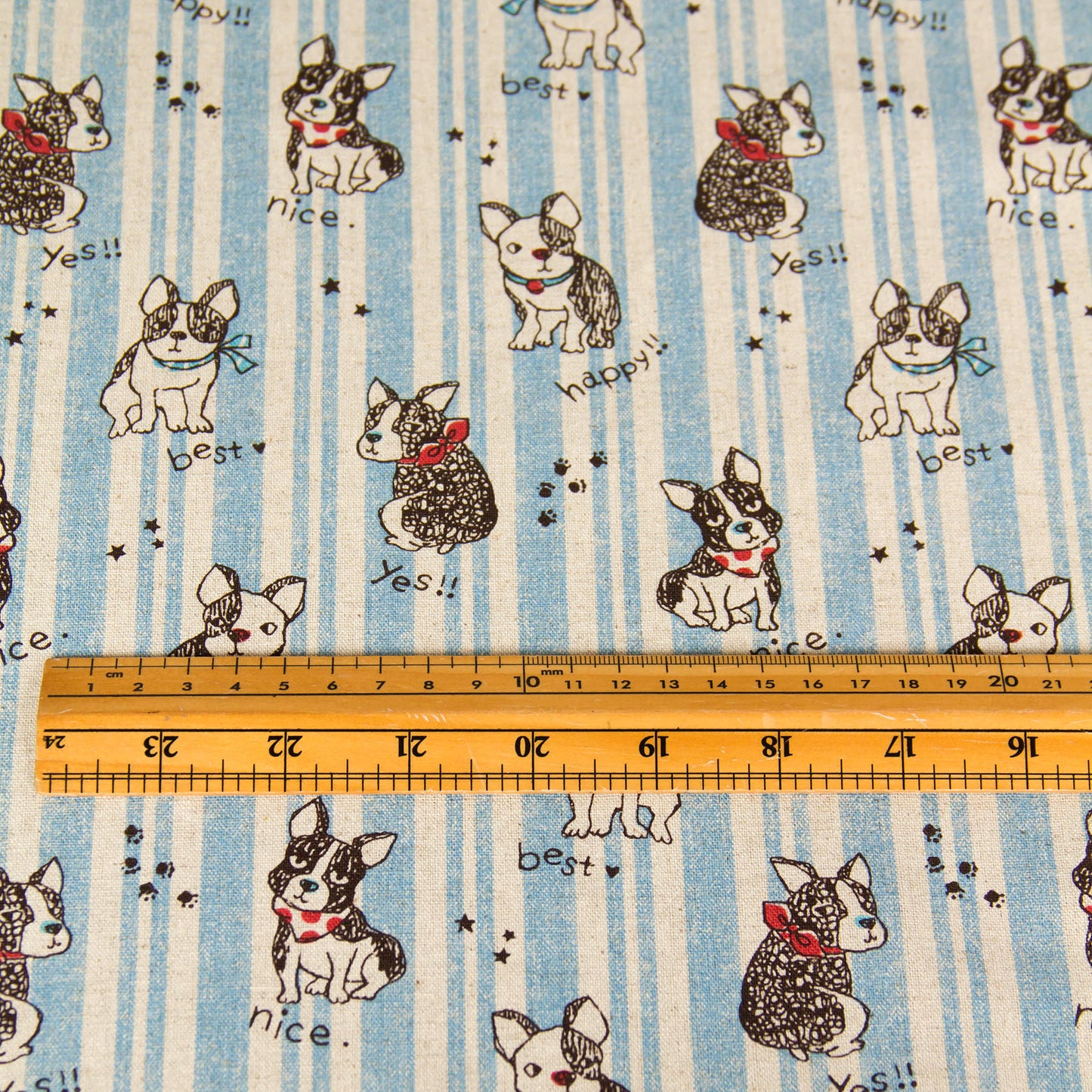 Cotton Linen Blend Canvas Fabric Stripe French Bulldog Blue by the Yard