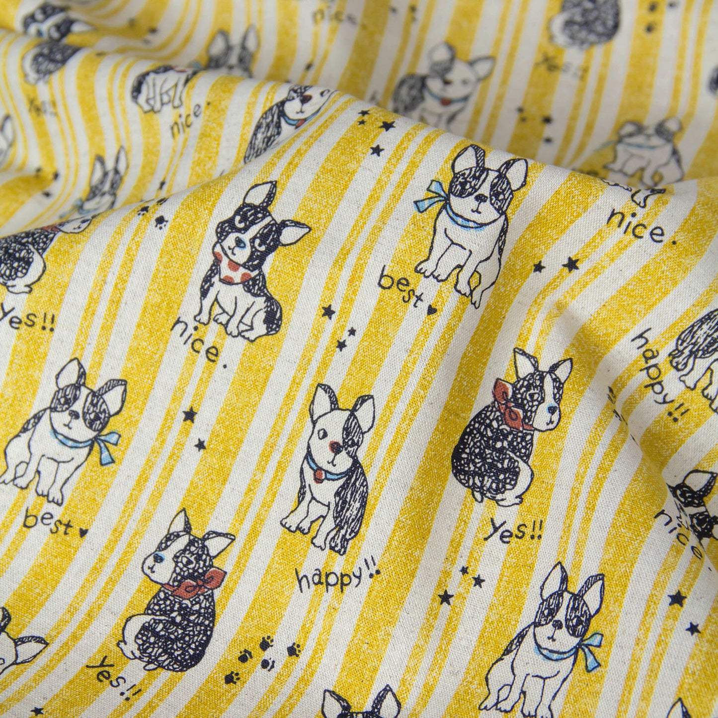 Cotton Linen Blend Canvas Fabric Stripe French Bulldog Yellow by the Yard