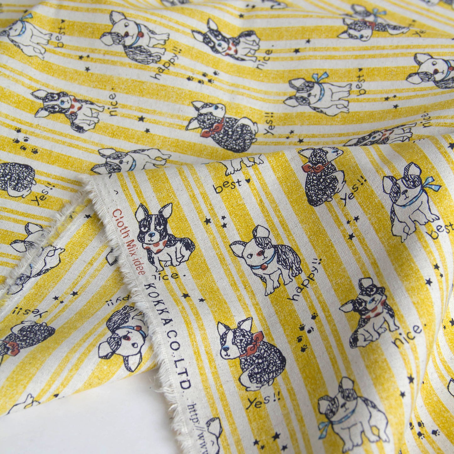 Cotton Linen Blend Canvas Fabric Stripe French Bulldog Yellow by the Yard