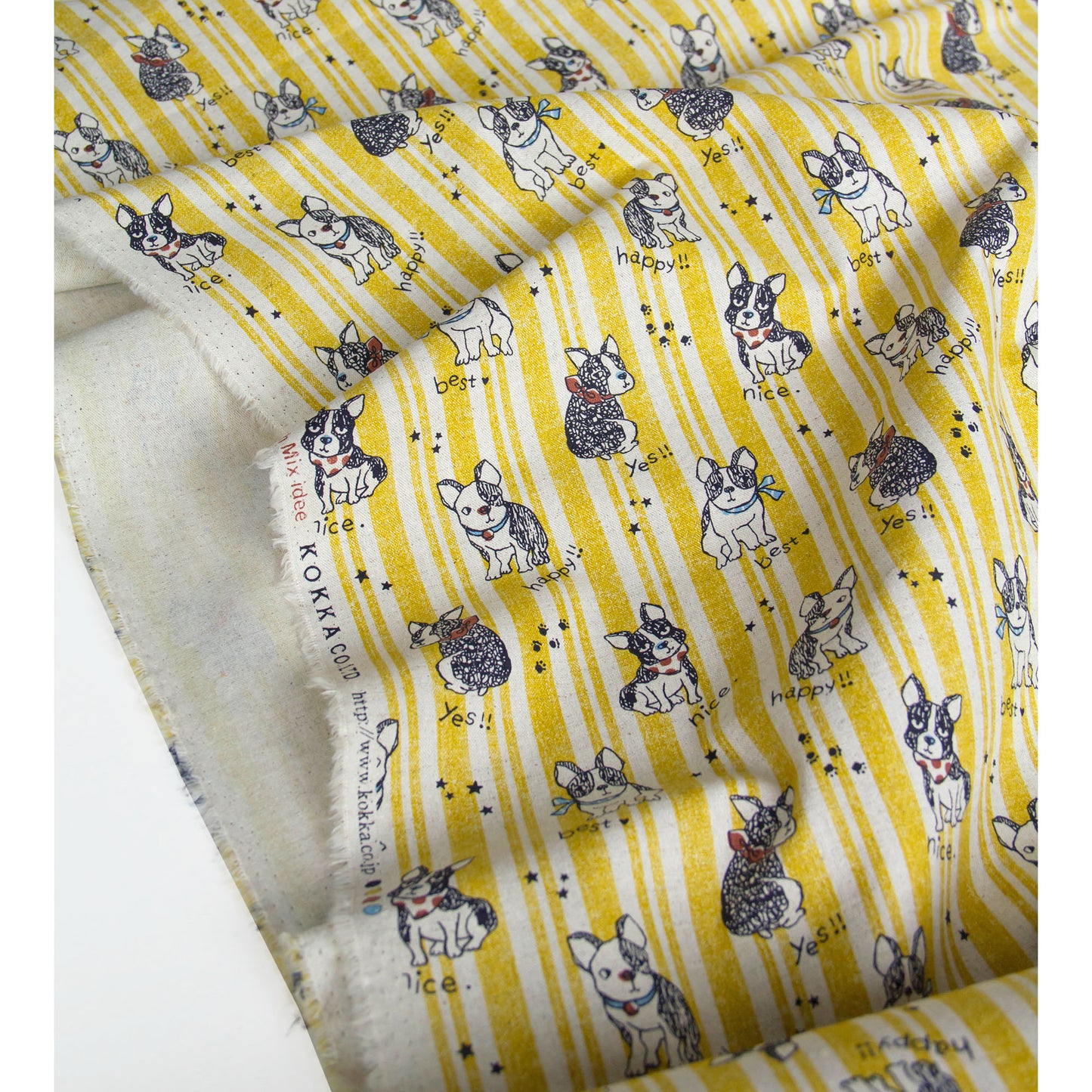 Cotton Linen Blend Canvas Fabric Stripe French Bulldog Yellow by the Yard