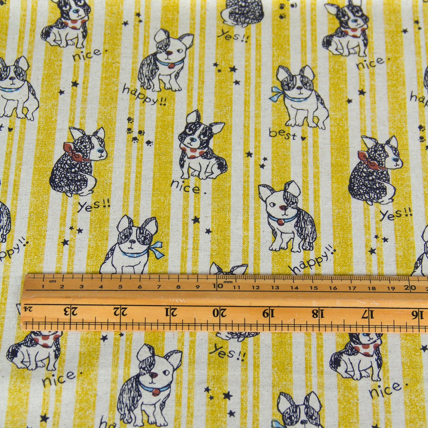 Cotton Linen Blend Canvas Fabric Stripe French Bulldog Yellow by the Yard