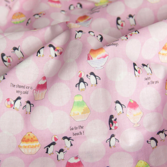 Cotton Double Gauze Fabric Cute Penguin Polka Dot Pink by the Yard