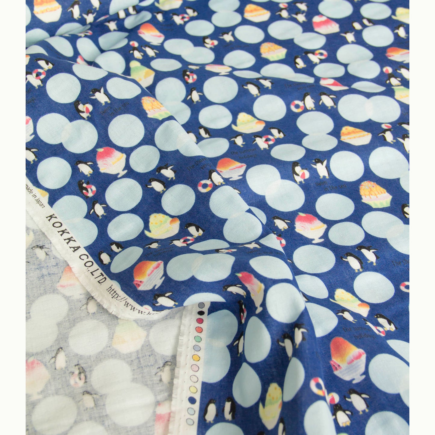 Cotton Double Gauze Fabric Cute Penguin Polka Dot Blue by the Yard