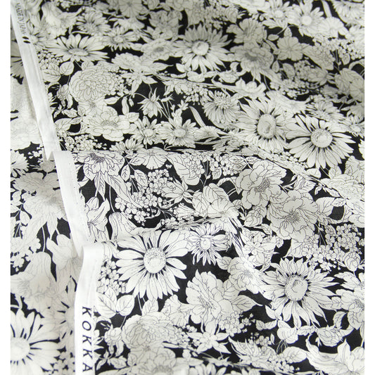 Tissu léger en coton lawn, motif Kokka Flower, noir, vendu au mètre