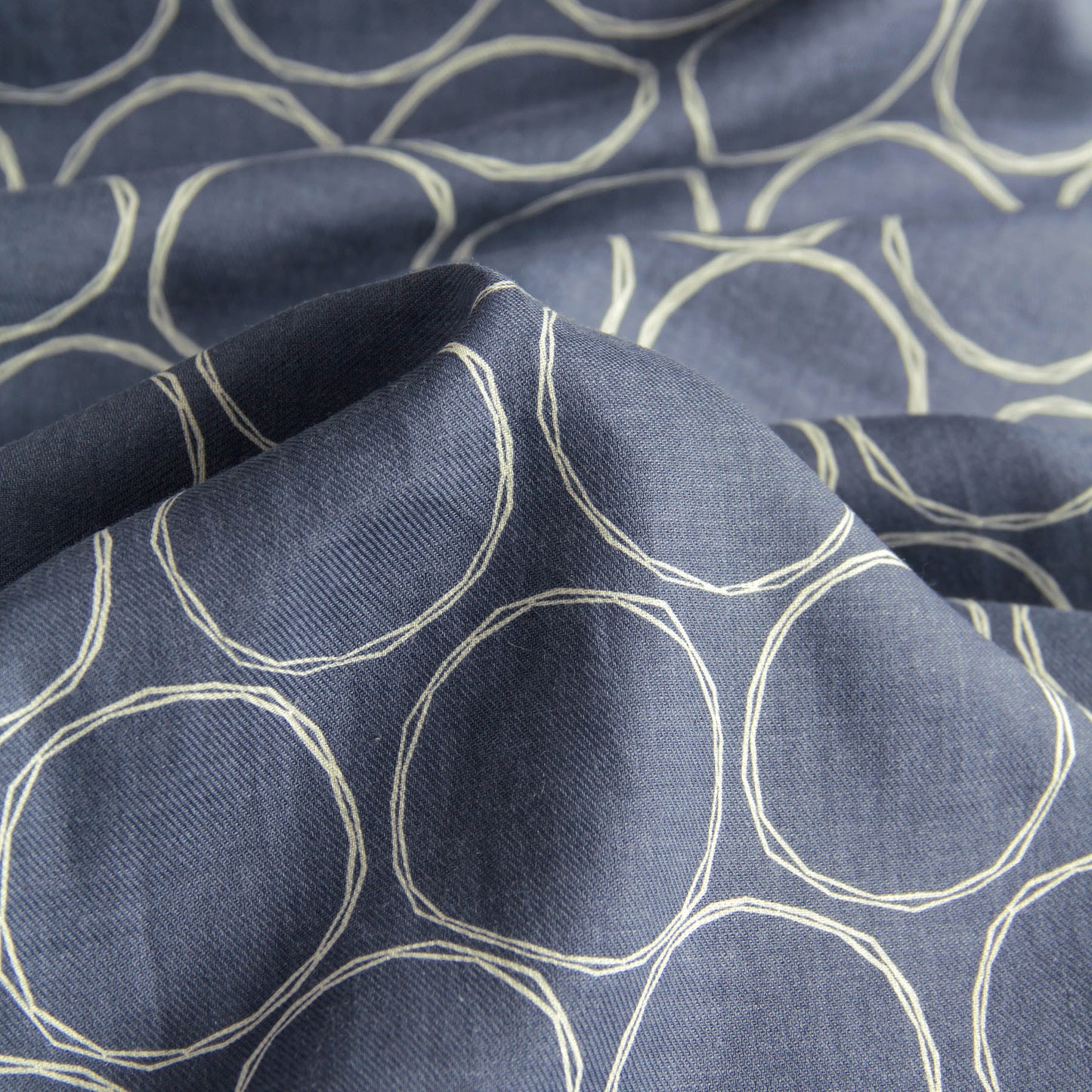 Soft Cotton Linen Fabric Hand-Drawn Circles Gray Blue by the Yard