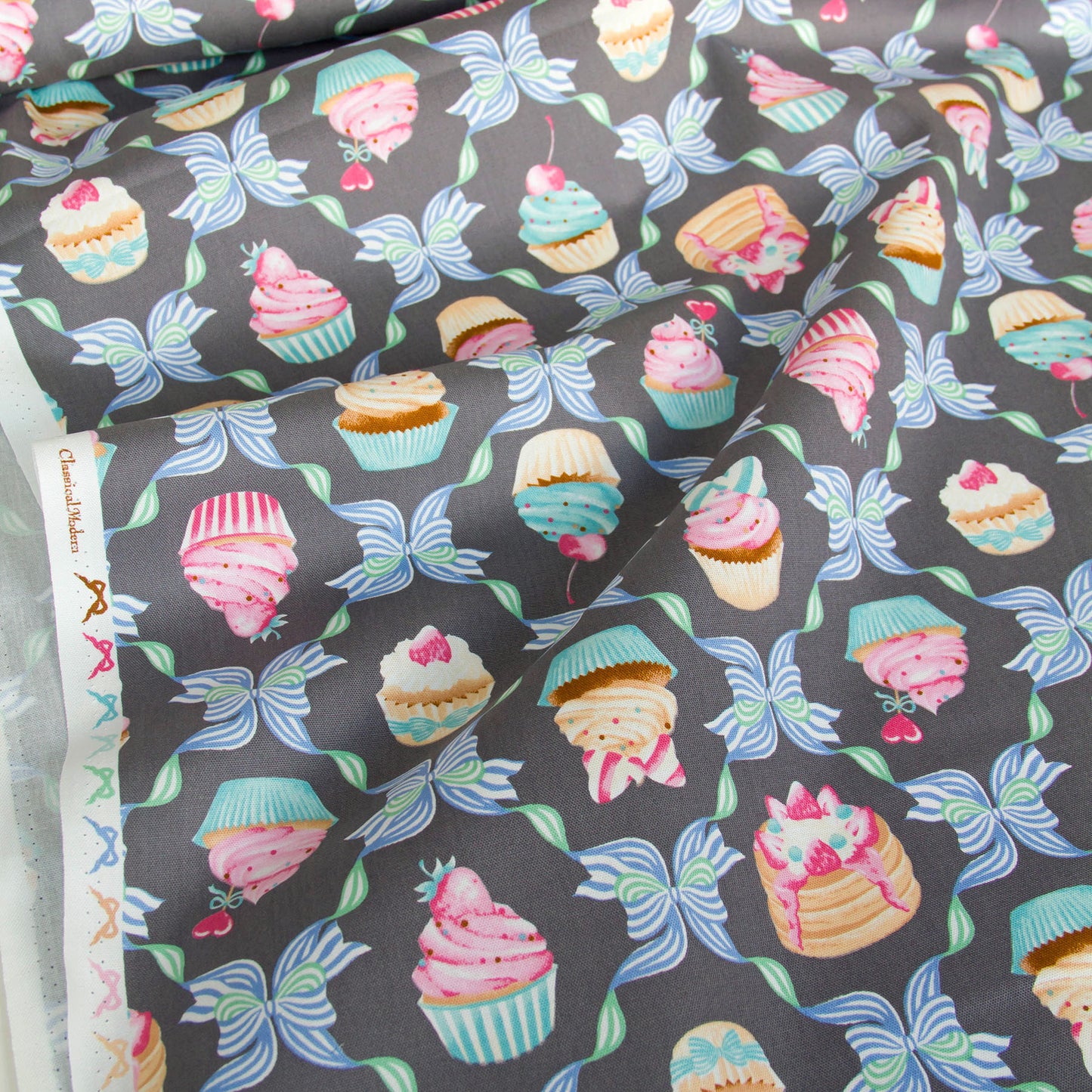 Oxford Cotton Fabric Cupcake Bow Gray by the Yard