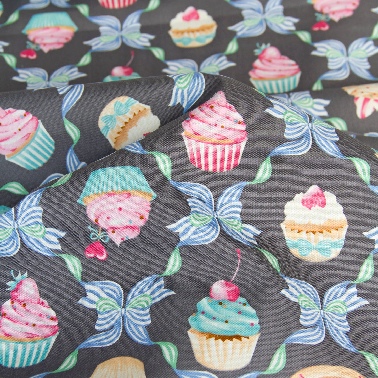 Oxford Cotton Fabric Cupcake Bow Gray by the Yard