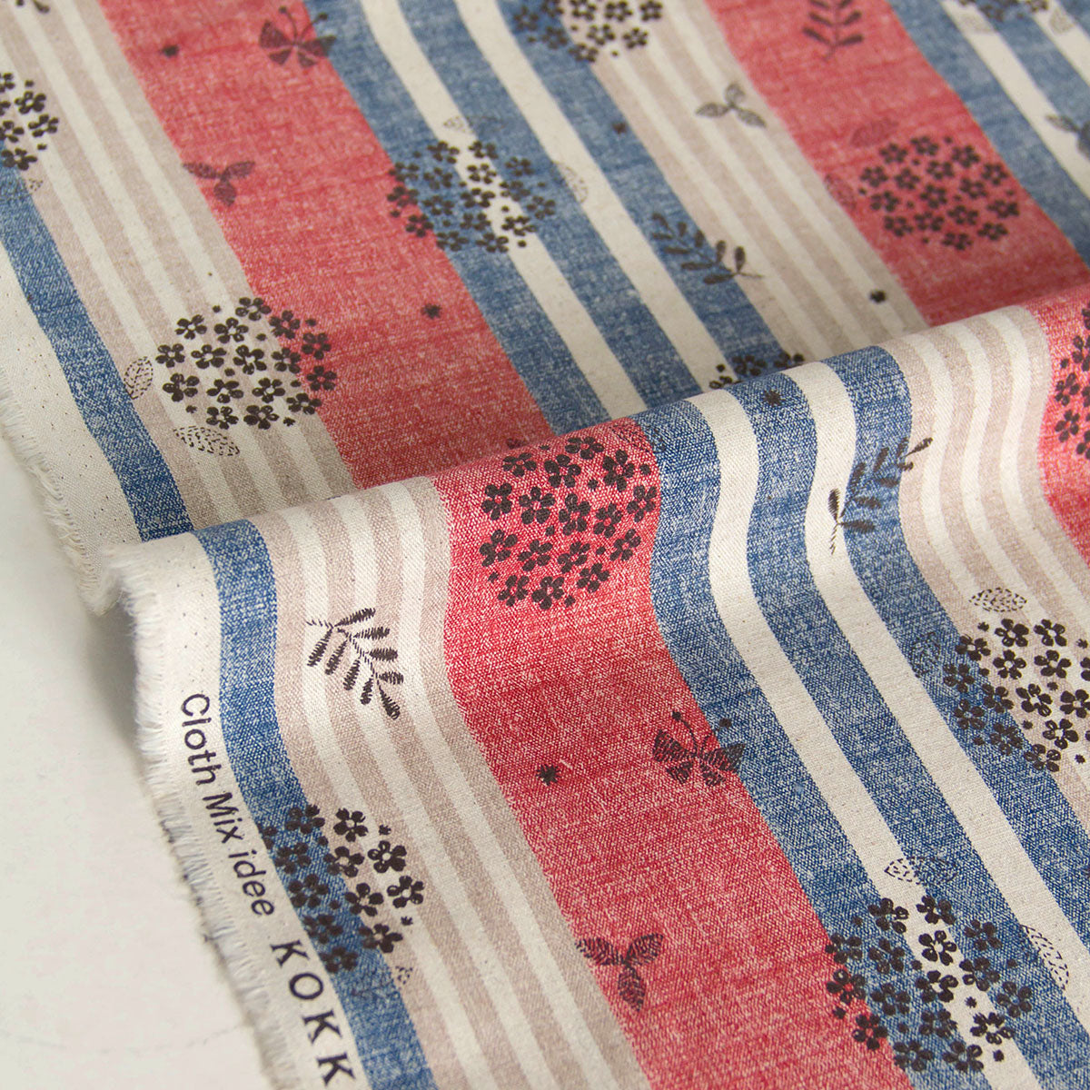 Cotton Linen Blend Canvas Fabric Vintage Stripe Floral Red by the Yard