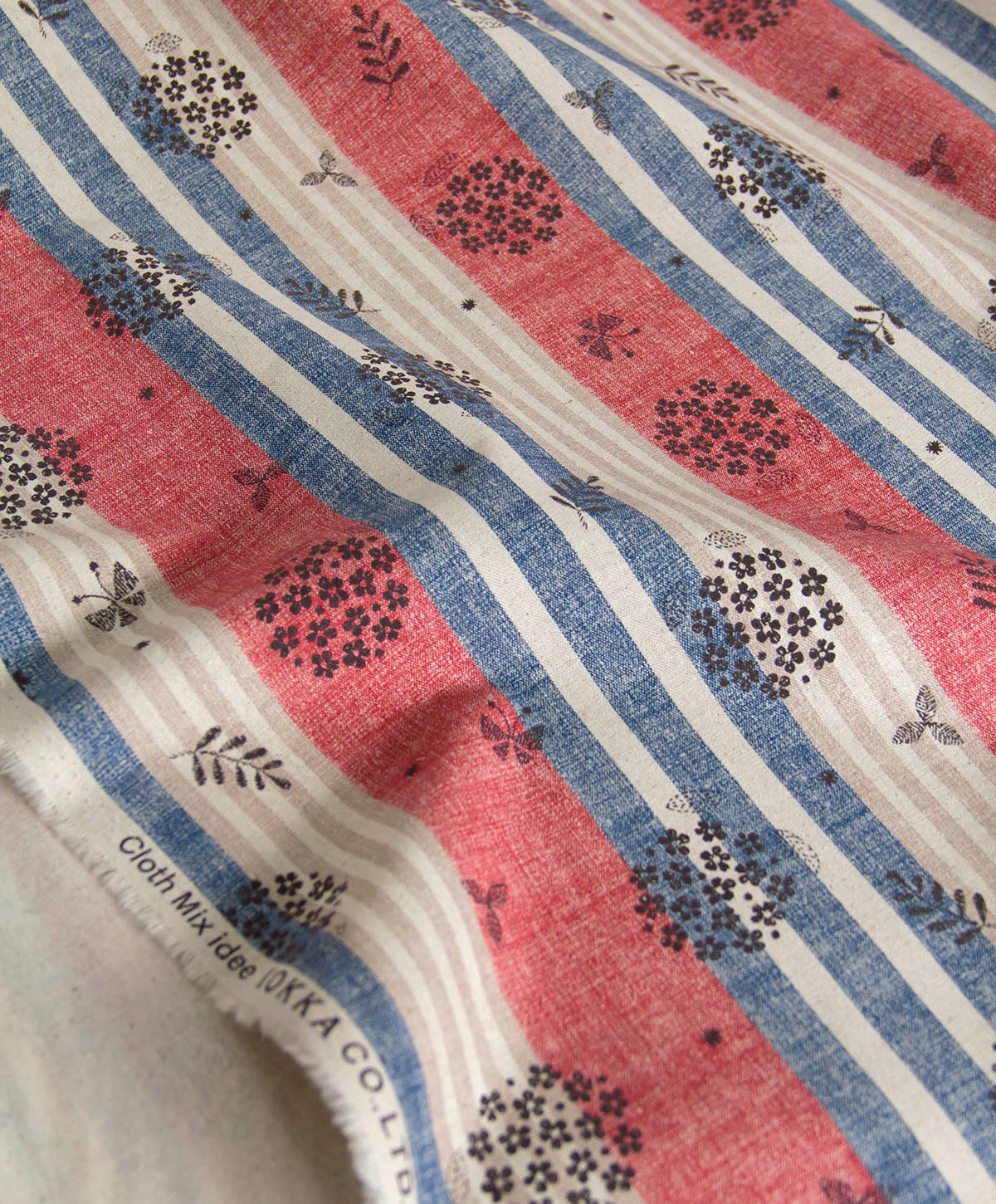 Cotton Linen Blend Canvas Fabric Vintage Stripe Floral Red by the Yard