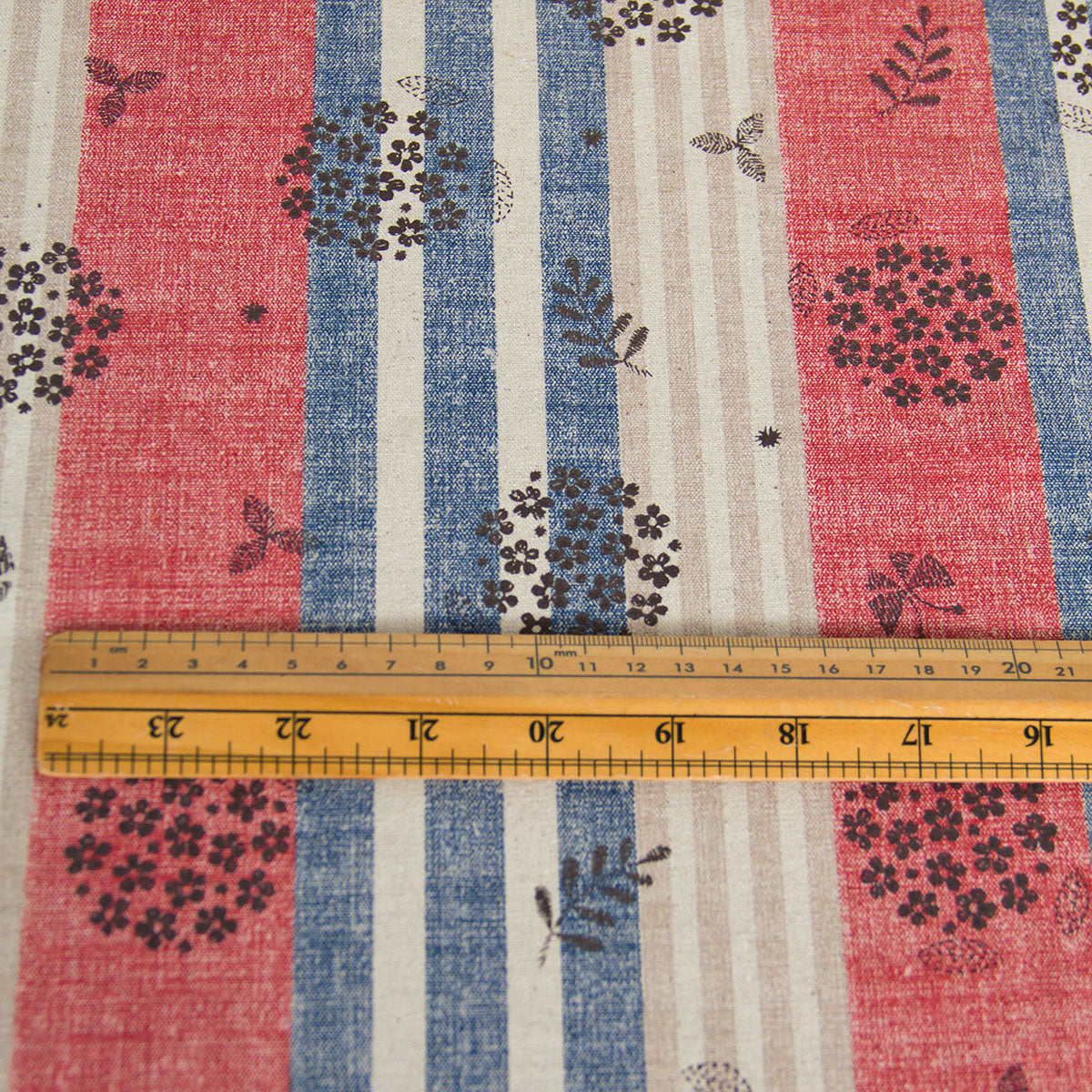 Cotton Linen Blend Canvas Fabric Vintage Stripe Floral Red by the Yard