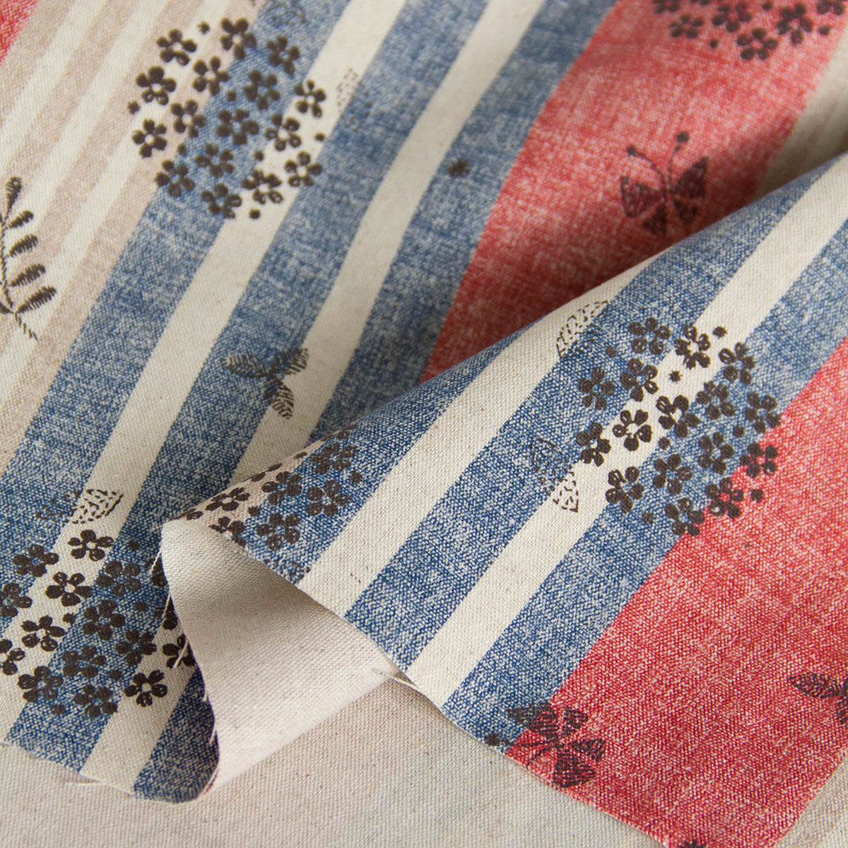 Cotton Linen Blend Canvas Fabric Vintage Stripe Floral Red by the Yard