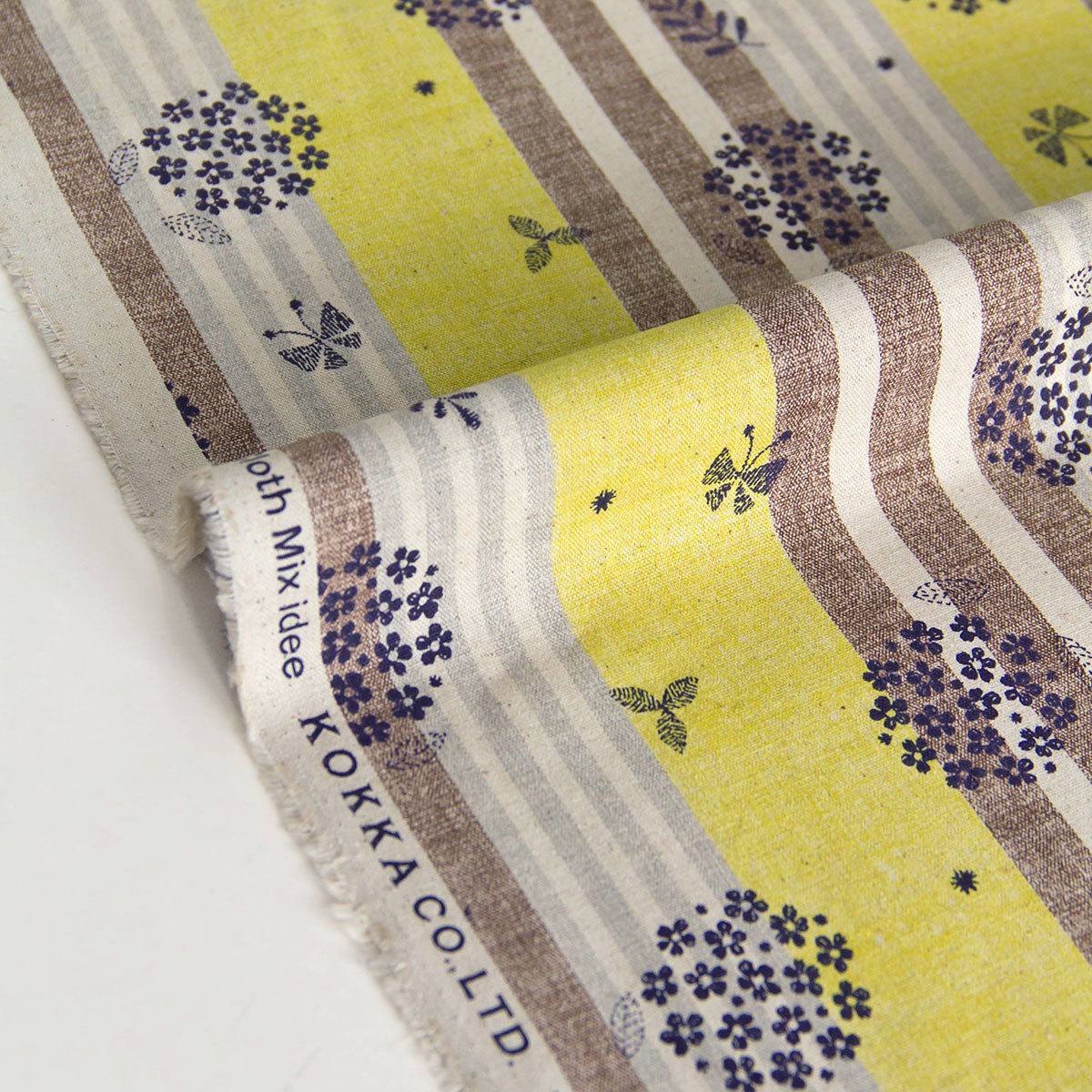 Cotton Linen Blend Canvas Fabric Vintage Stripe Floral Yellow by the Yard