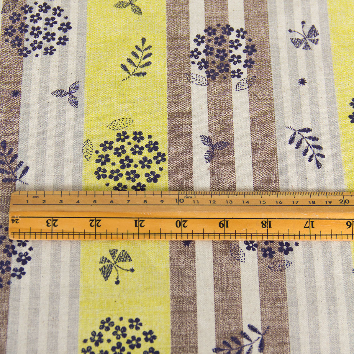 Cotton Linen Blend Canvas Fabric Vintage Stripe Floral Yellow by the Yard