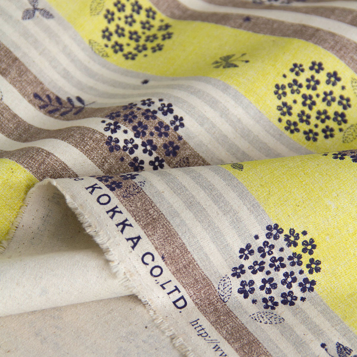 Cotton Linen Blend Canvas Fabric Vintage Stripe Floral Yellow by the Yard