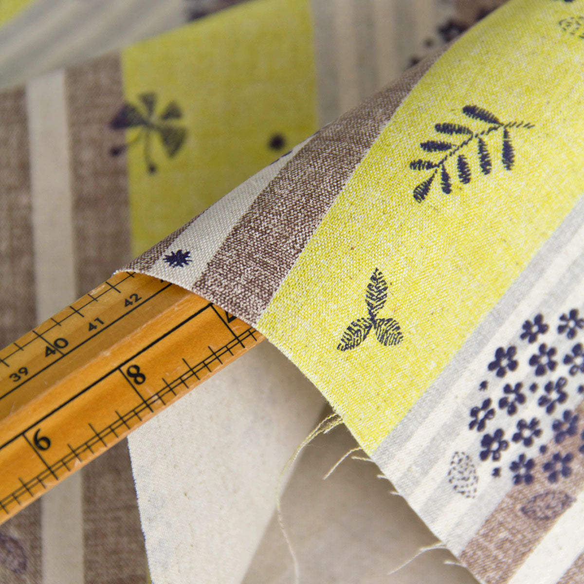 Cotton Linen Blend Canvas Fabric Vintage Stripe Floral Yellow by the Yard