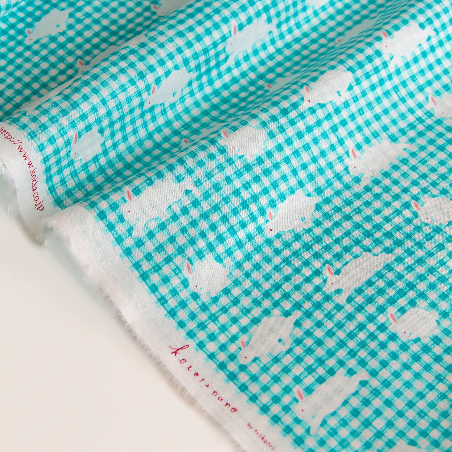 Lightweight Cotton Linen Fabric Gingham Check Bunny Print Teal by the Yard