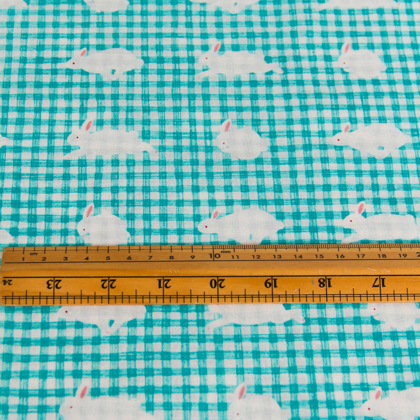 Lightweight Cotton Linen Fabric Gingham Check Bunny Print Teal by the Yard