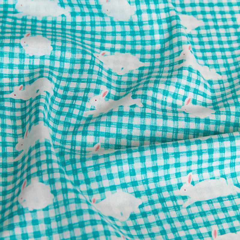 Lightweight Cotton Linen Fabric Gingham Check Bunny Print Teal by the Yard