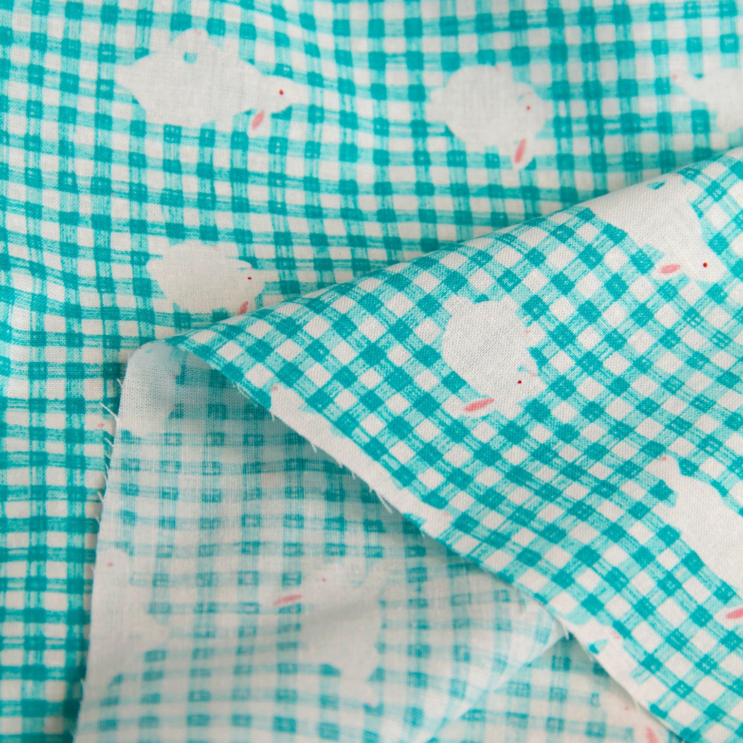 Lightweight Cotton Linen Fabric Gingham Check Bunny Print Teal by the Yard