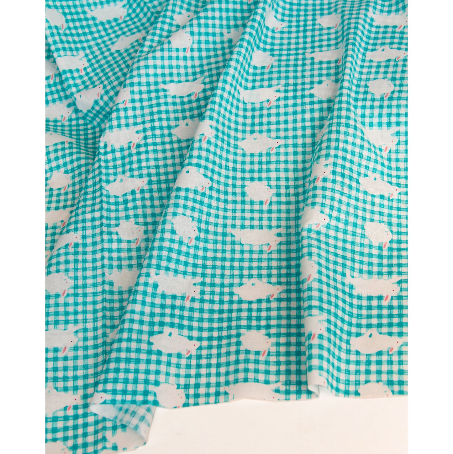 Lightweight Cotton Linen Fabric Gingham Check Bunny Print Teal by the Yard