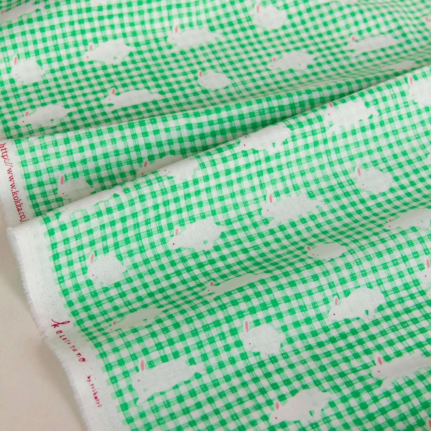 Lightweight Cotton Linen Fabric Gingham Check Bunny Print Green by the Yard