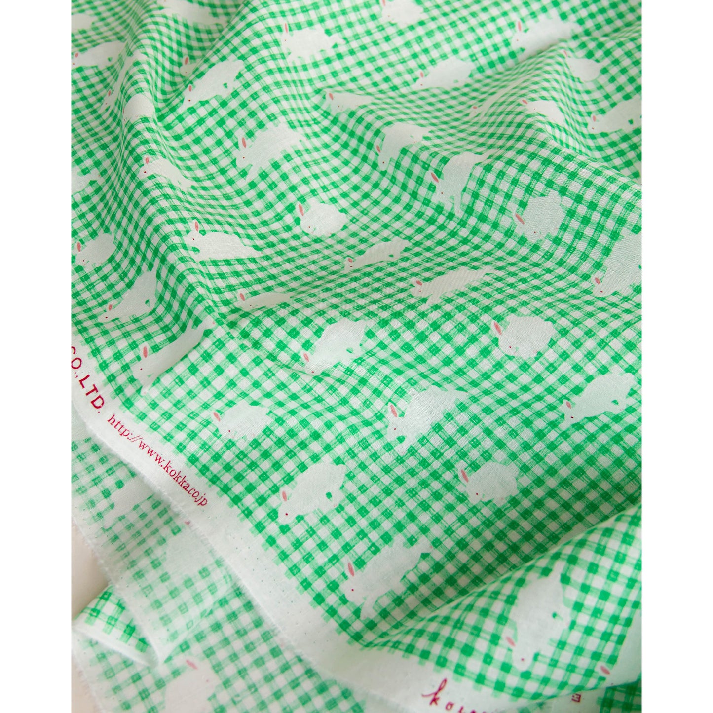 Lightweight Cotton Linen Fabric Gingham Check Bunny Print Green by the Yard