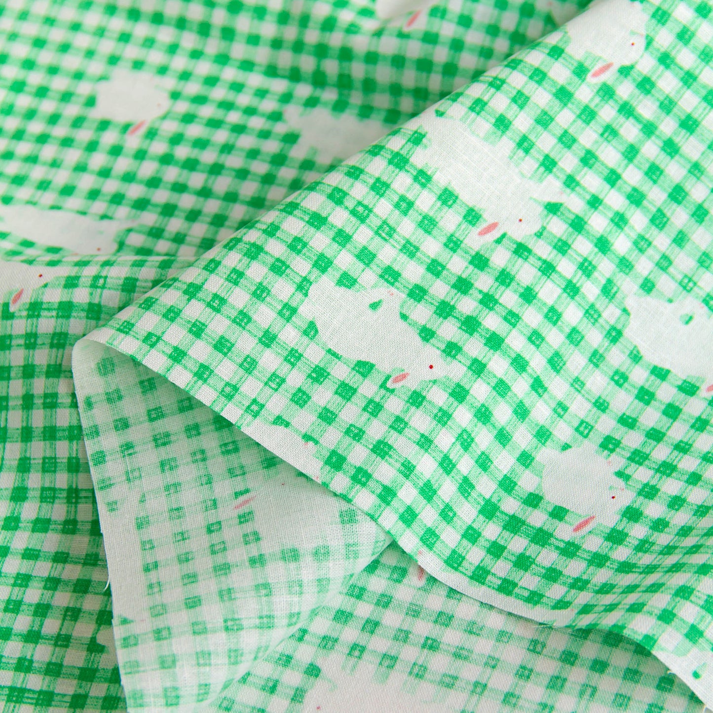 Lightweight Cotton Linen Fabric Gingham Check Bunny Print Green by the Yard