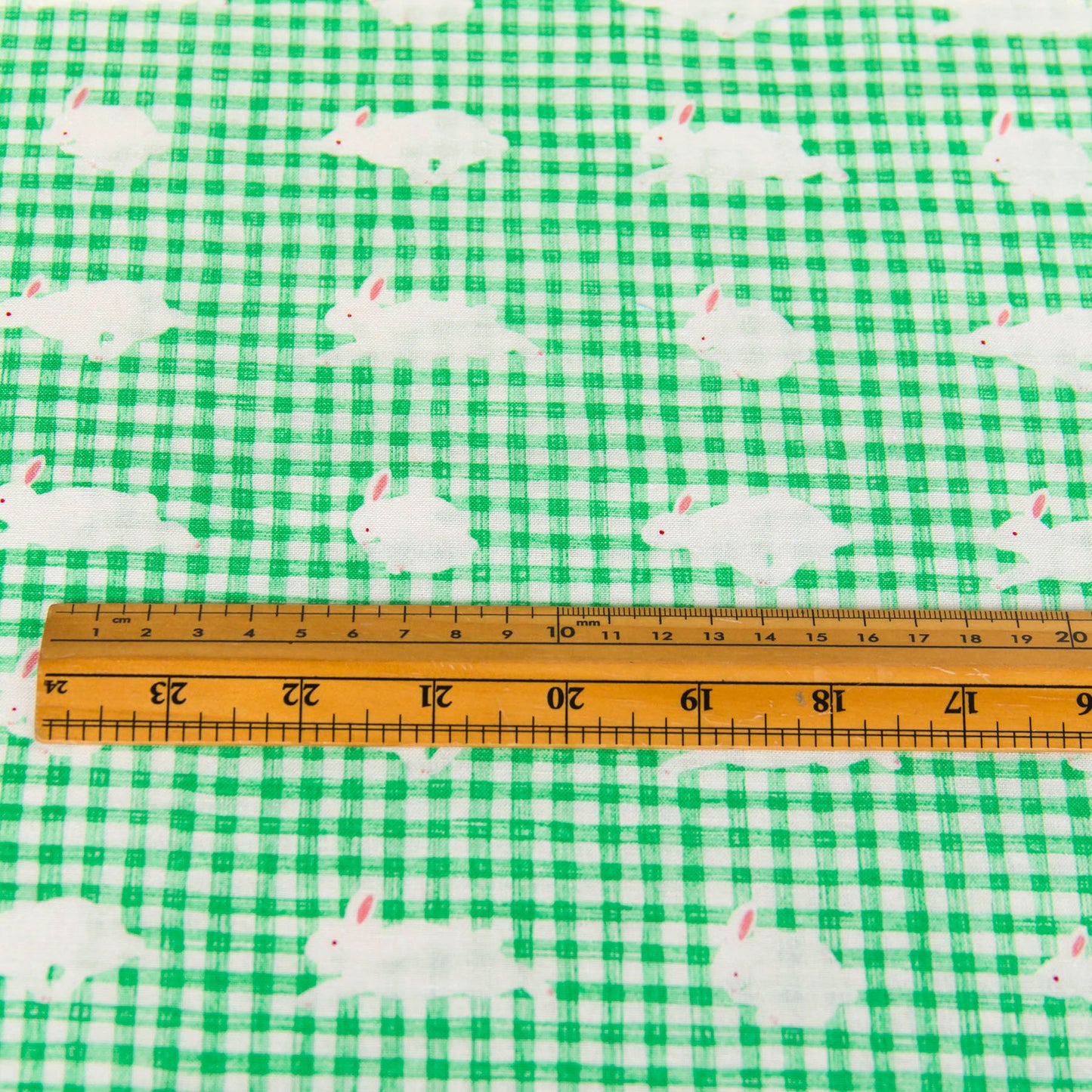 Lightweight Cotton Linen Fabric Gingham Check Bunny Print Green by the Yard