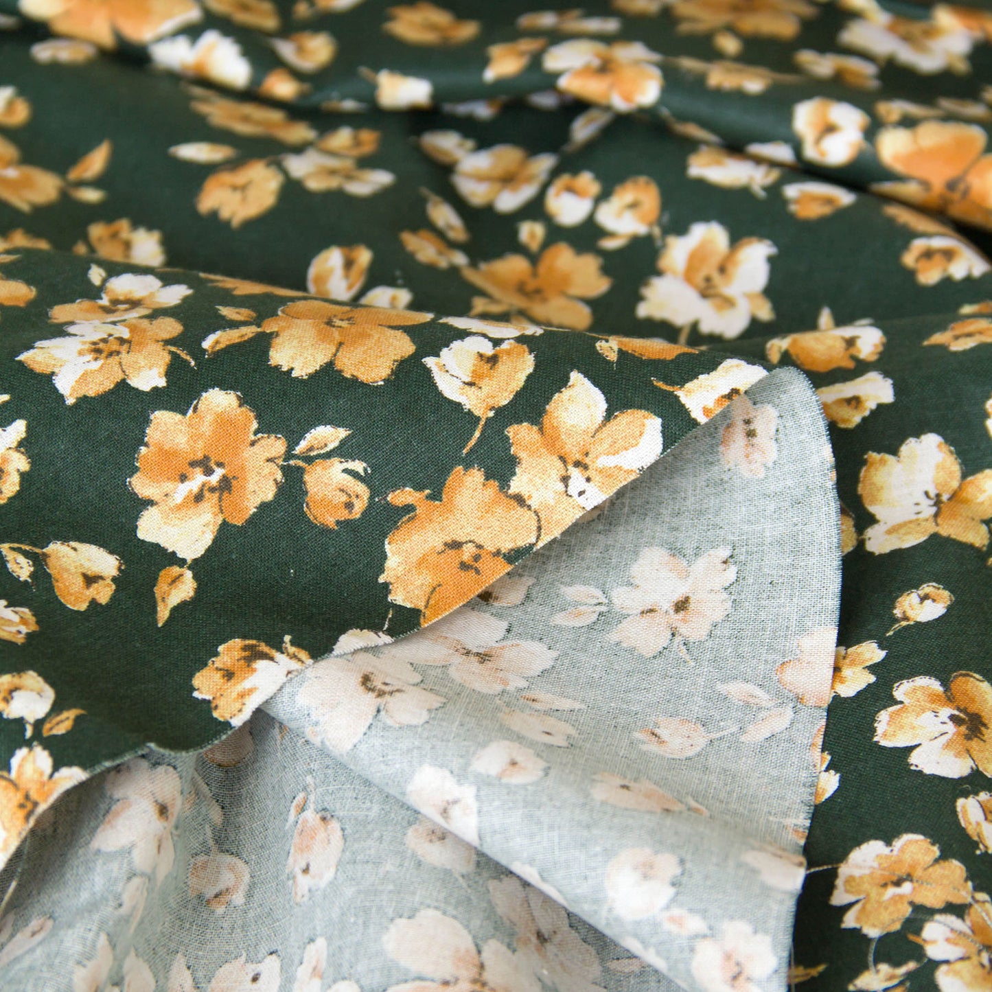 Lightweight Cotton Linen Fabric Watercolor Floral Dark Green by the Yard