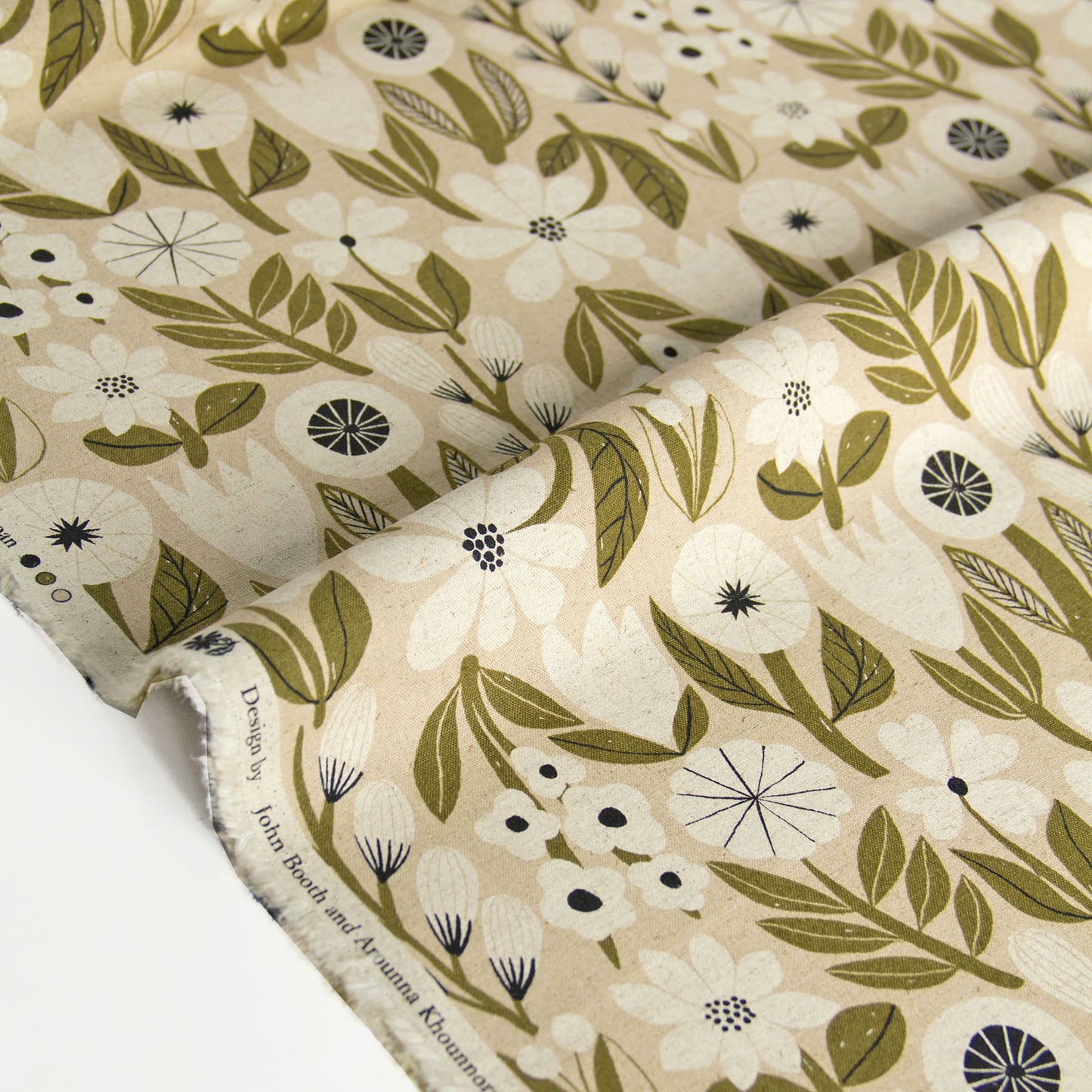 Vintage Style Cotton Linen Blend Canvas Fabric Flower Beige by the Yard