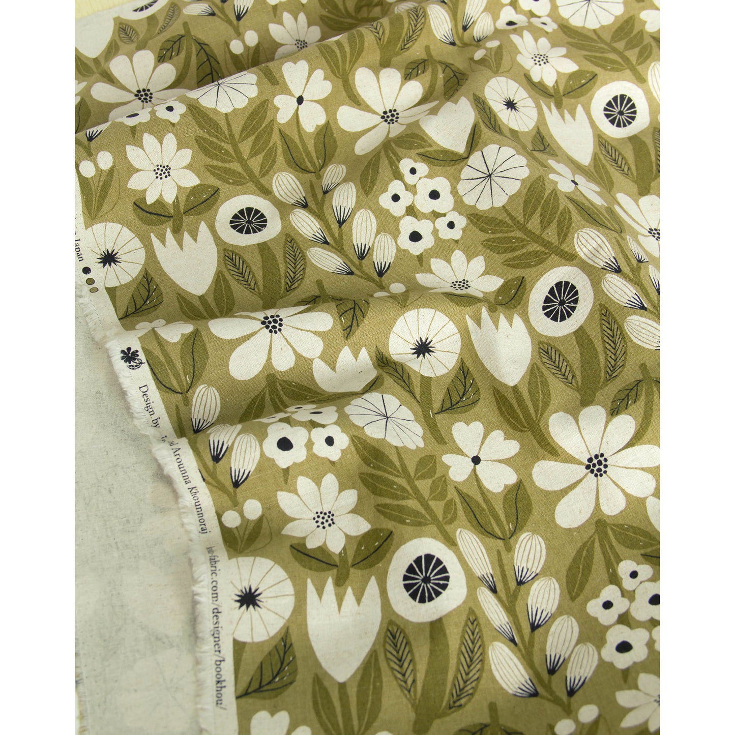 Vintage Style Cotton Linen Blend Canvas Fabric Flower Rough Green by the Yard
