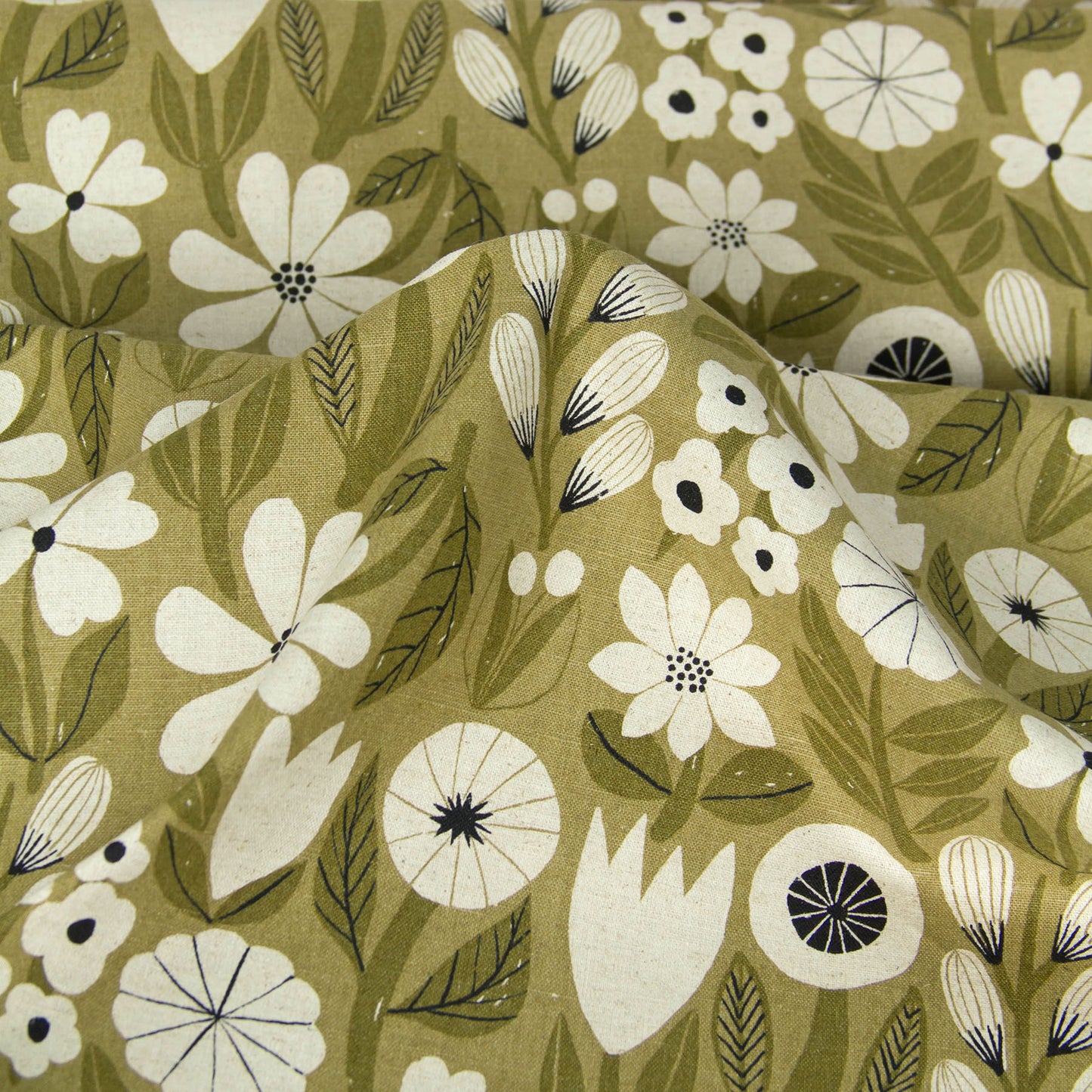 Vintage Style Cotton Linen Blend Canvas Fabric Flower Rough Green by the Yard