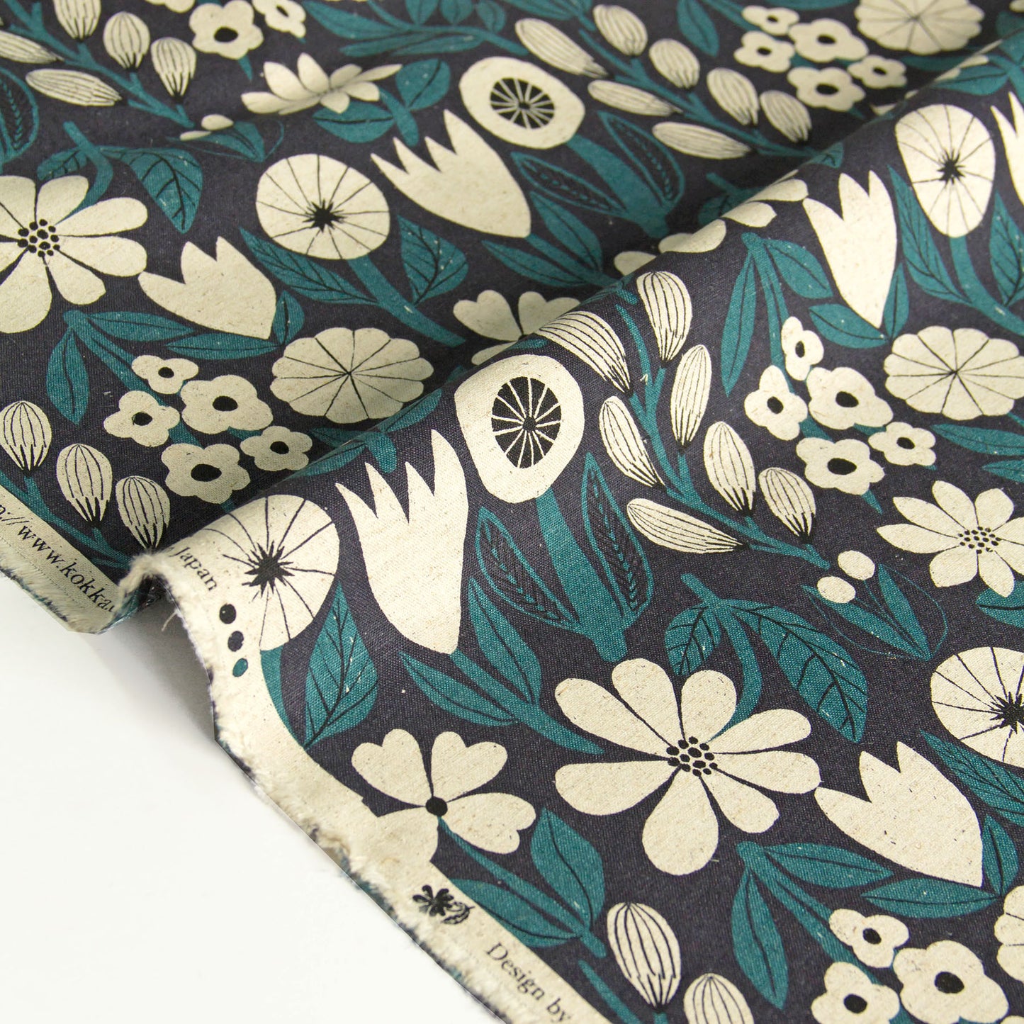 Vintage Style Cotton Linen Blend Canvas Fabric Flower Navy by the Yard