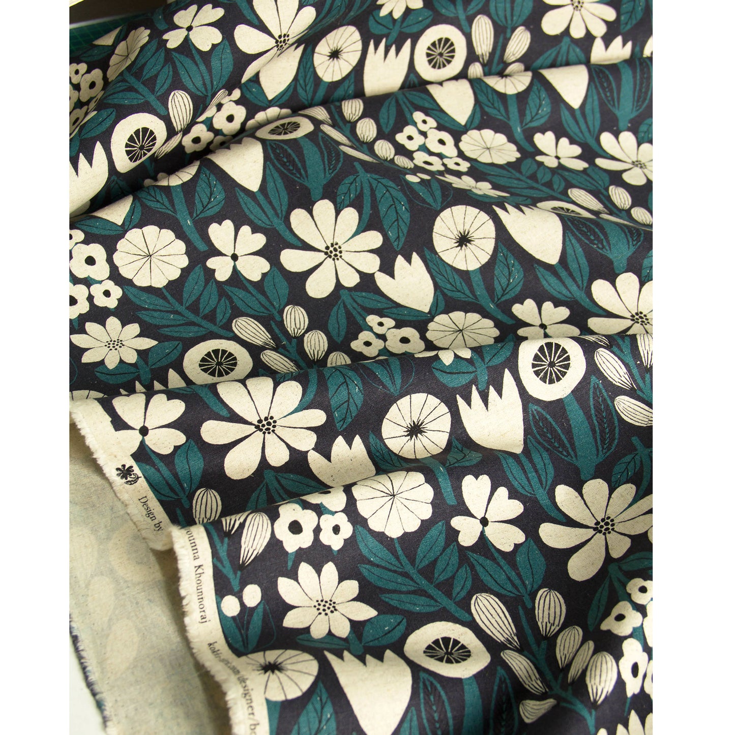 Vintage Style Cotton Linen Blend Canvas Fabric Flower Navy by the Yard