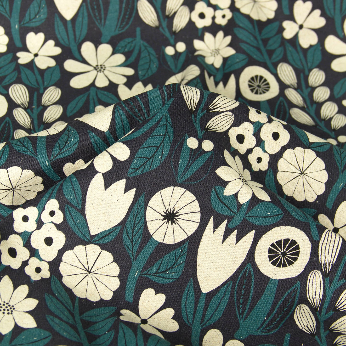Vintage Style Cotton Linen Blend Canvas Fabric Flower Navy by the Yard