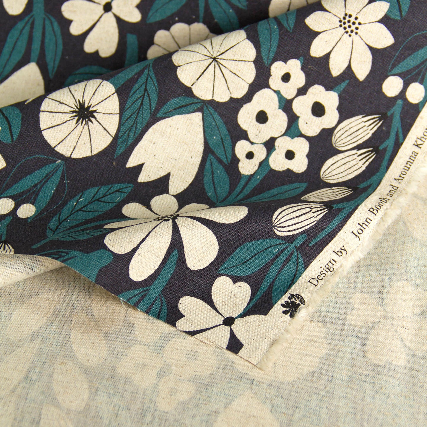 Vintage Style Cotton Linen Blend Canvas Fabric Flower Navy by the Yard