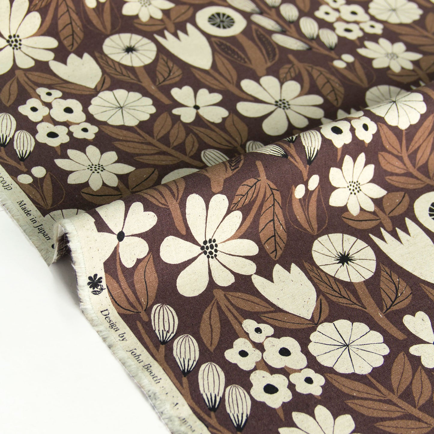 Vintage Style Cotton Linen Blend Canvas Fabric Flower Dark Brown by the Yard