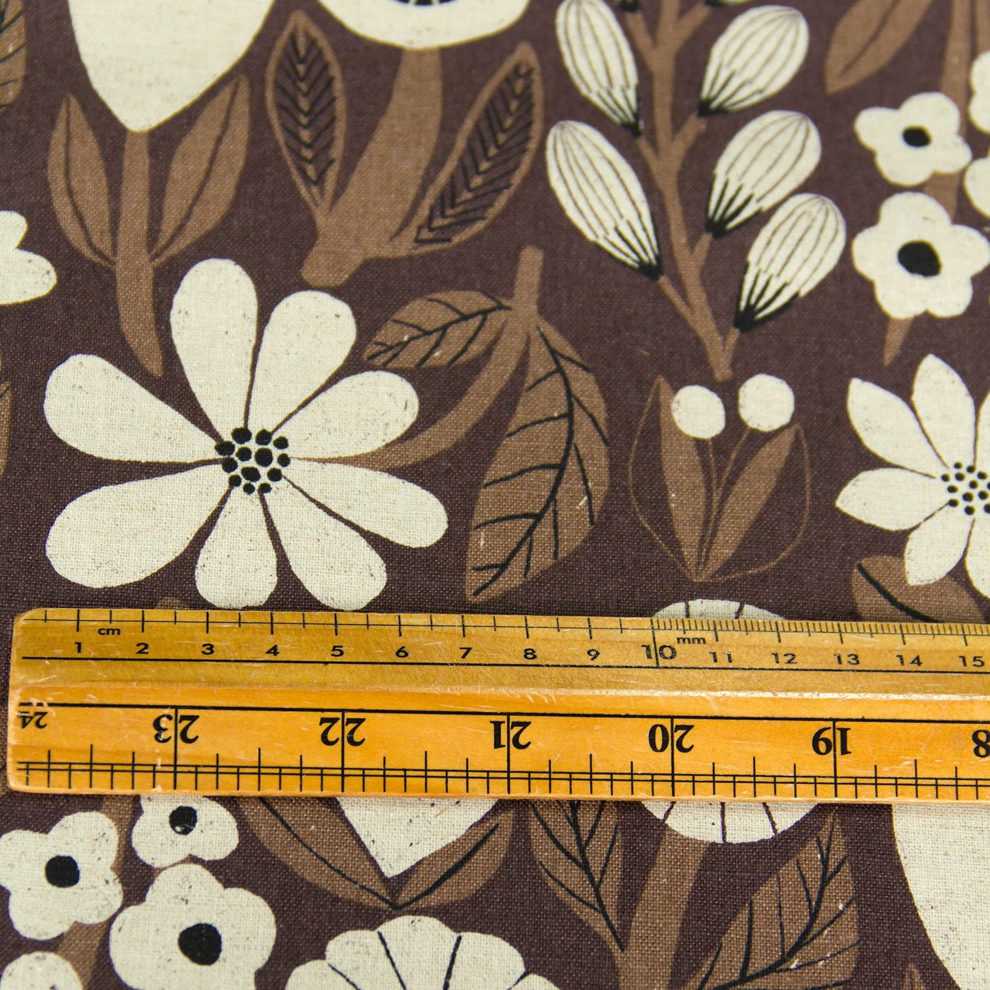 Vintage Style Cotton Linen Blend Canvas Fabric Flower Dark Brown by the Yard