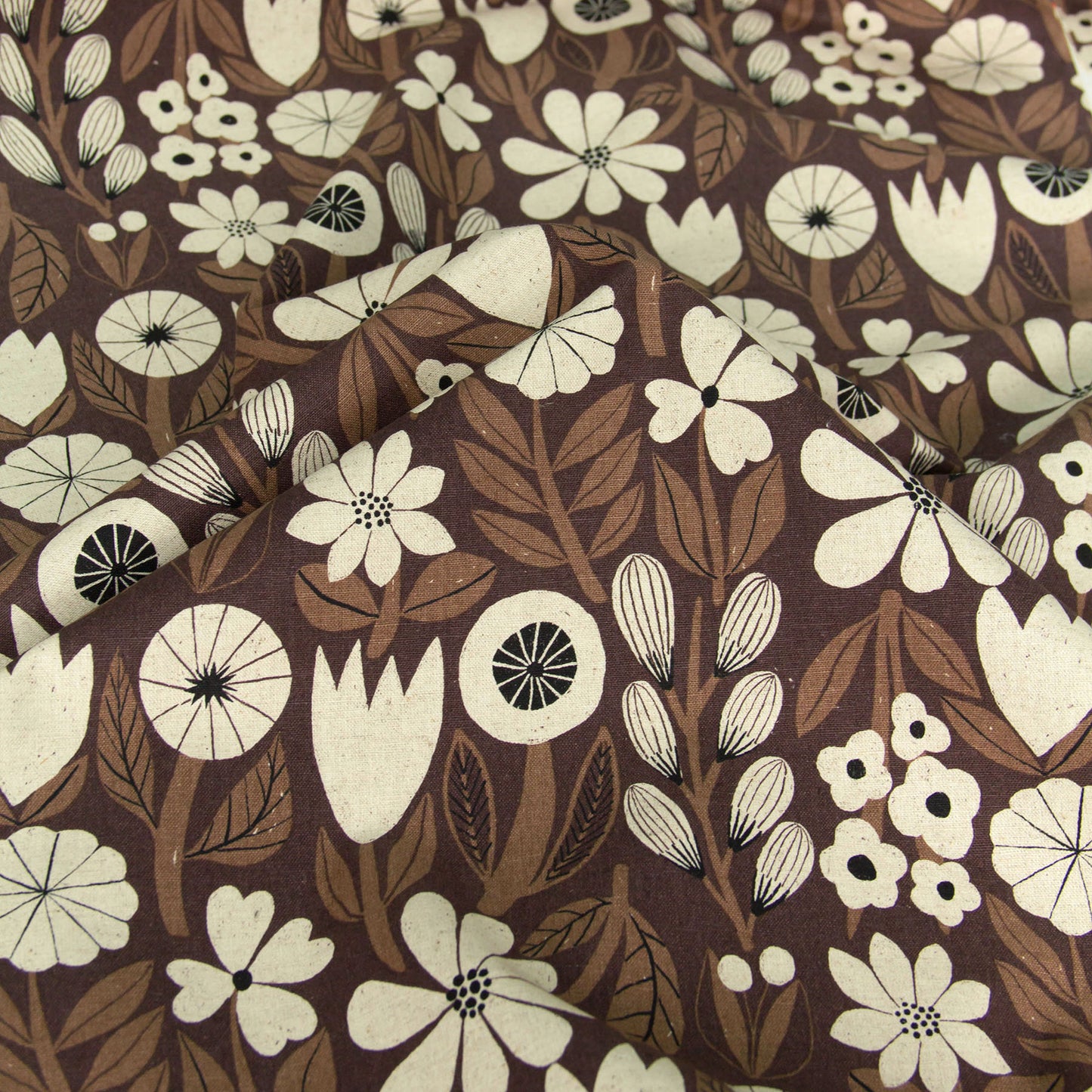 Vintage Style Cotton Linen Blend Canvas Fabric Flower Dark Brown by the Yard