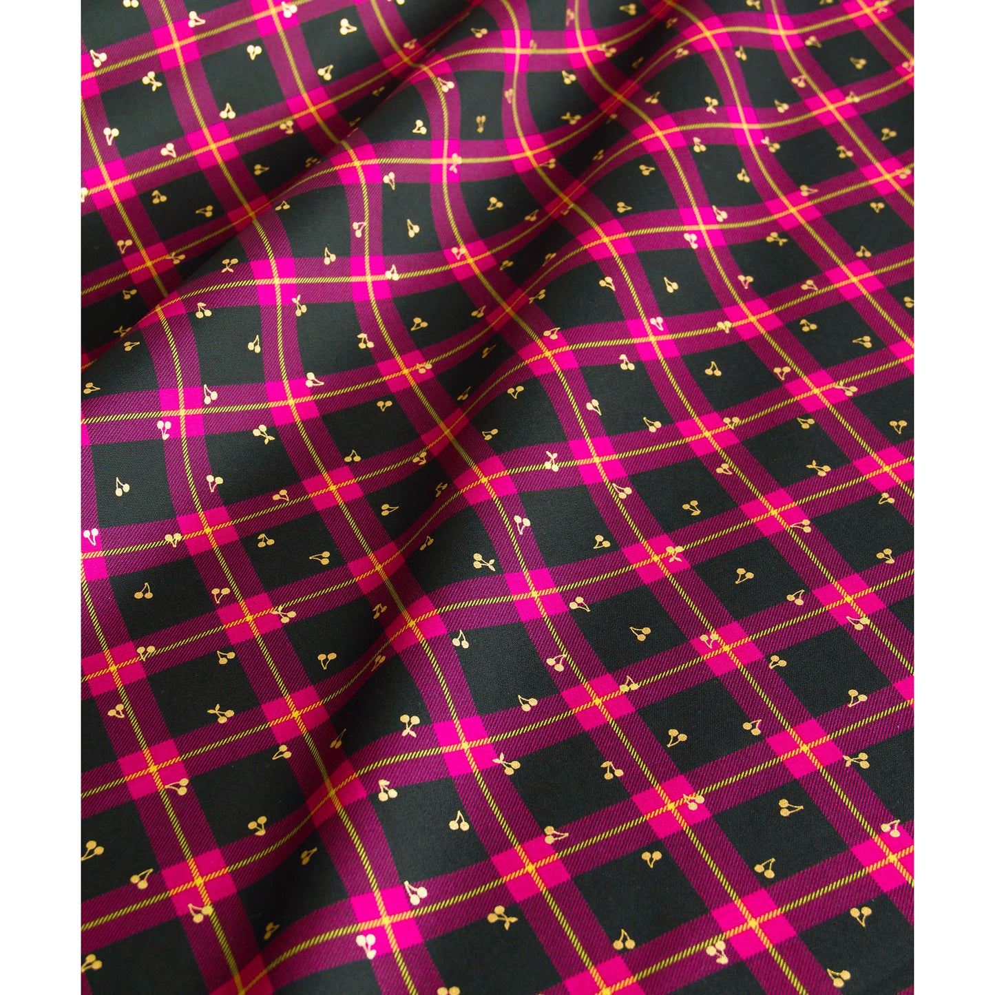 Oxford Cotton Plaid Fabric with Gold Foil Cherry Print Check by the Yard