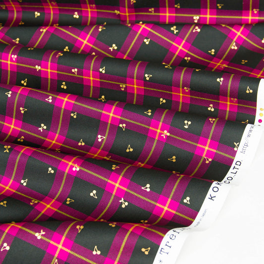 Oxford Cotton Plaid Fabric with Gold Foil Cherry Print Check by the Yard