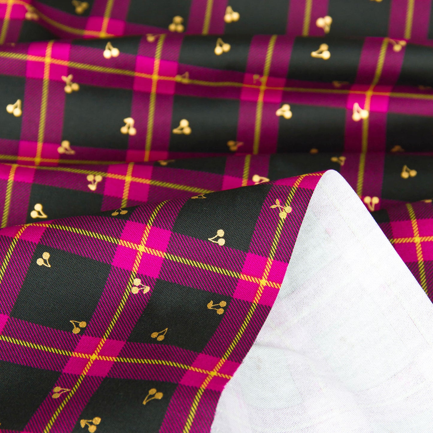 Oxford Cotton Plaid Fabric with Gold Foil Cherry Print Check by the Yard