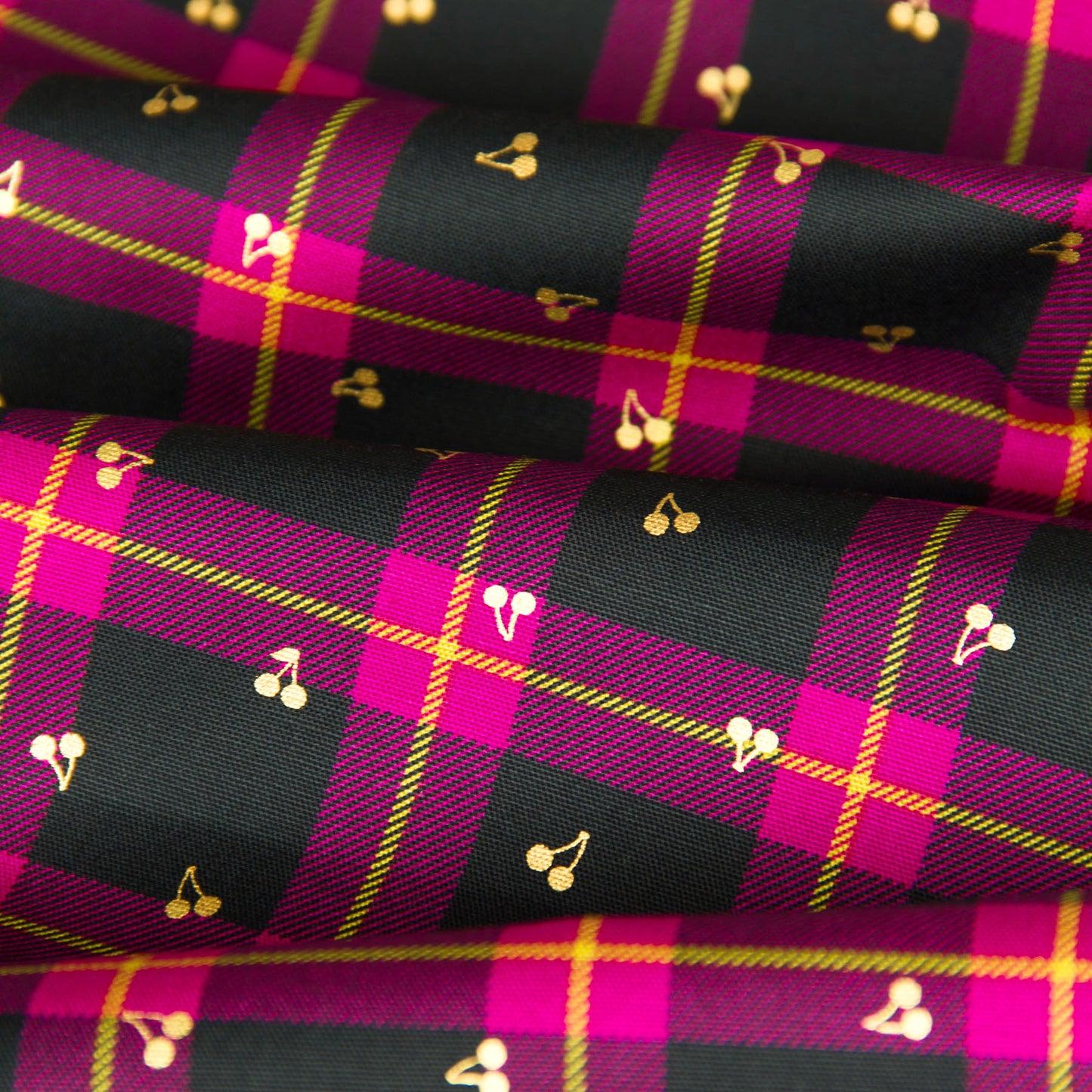 Oxford Cotton Plaid Fabric with Gold Foil Cherry Print Check by the Yard