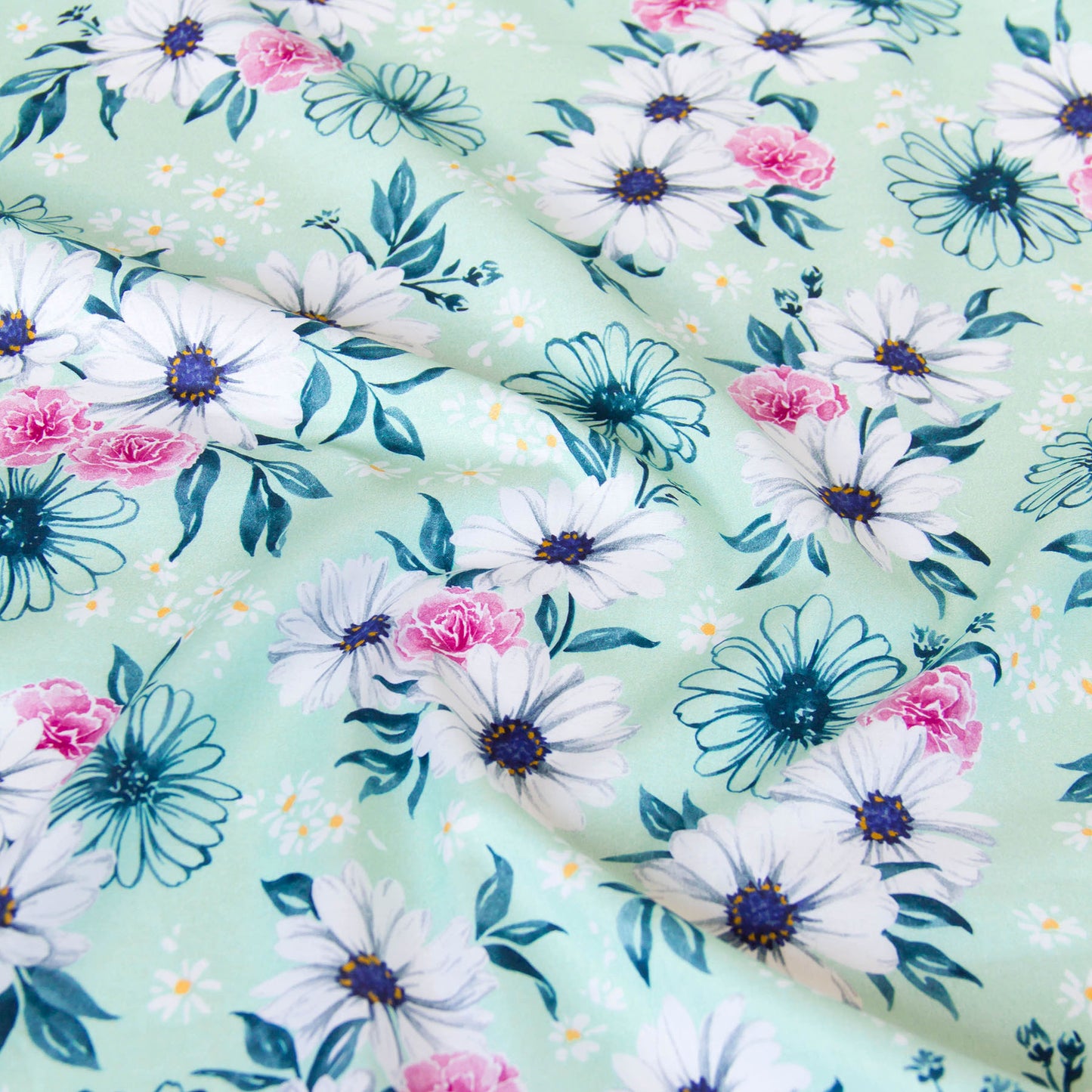 Cotton Lawn Lightweight Fabric Daisy & Rose Floral Mint by the Yard