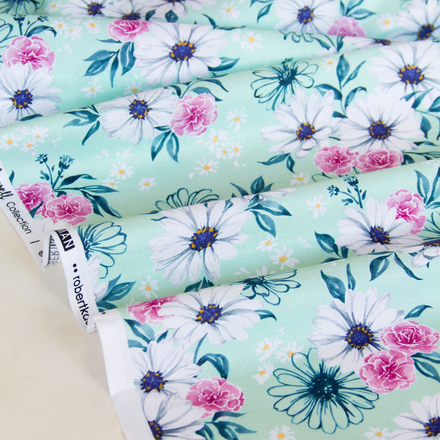 Cotton Lawn Lightweight Fabric Daisy & Rose Floral Mint by the Yard