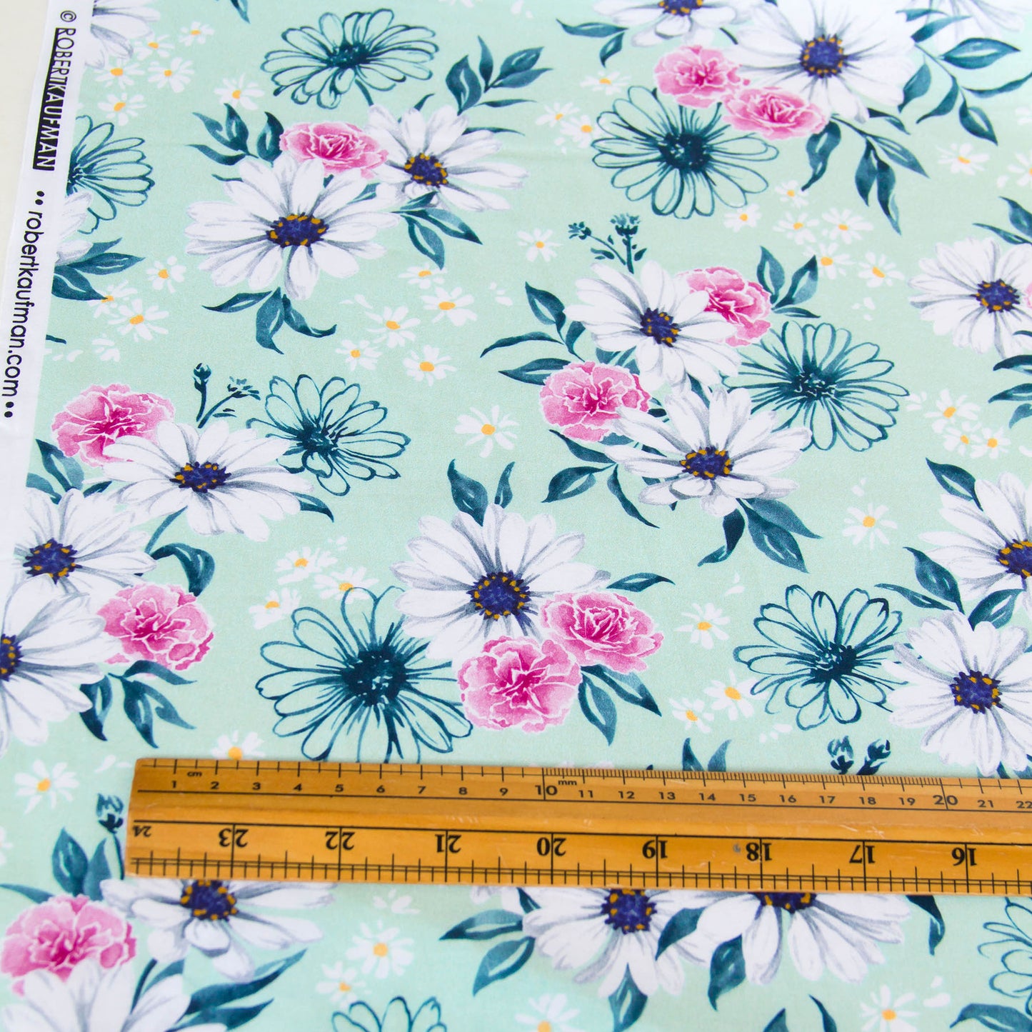 Cotton Lawn Lightweight Fabric Daisy & Rose Floral Mint by the Yard